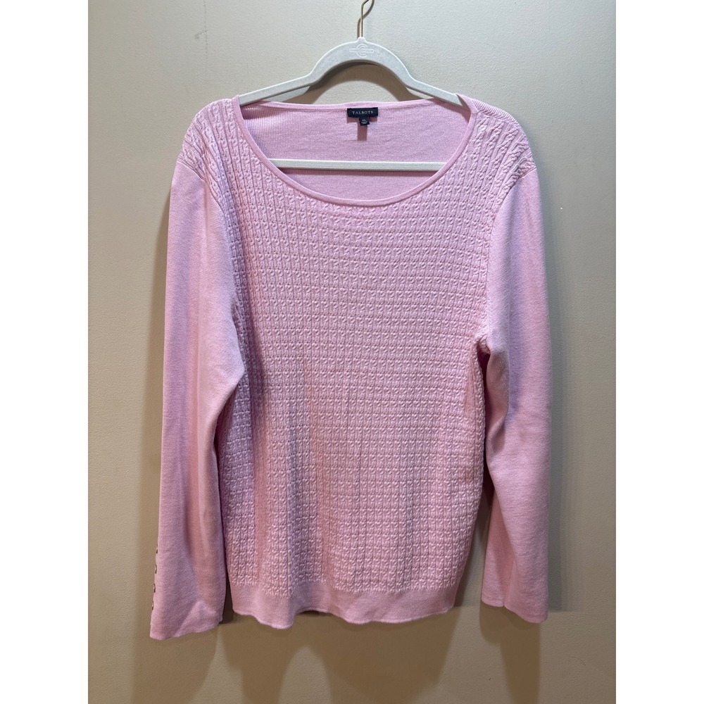 Talbots Womens XL Pink Cable Knit Boat Neck Sweater Button Cuff Long Sleeve Top